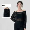 Top deportivo para mujer en un estilo puro y seductor, camiseta de manga larga sexy de malla semitransparente para yoga, holgada, fina, transpirable, top de fitness