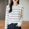 Algodão Puro Gola Redonda Listrado Malha Primavera Novo Soltinho Camisa Base Estilo Coreano Simples Cor Sólida Pulôver Top para Mulheres