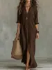 Vestido Longo Casual de Cor Sólida com Gola Lapela e Fenda Frontal de Manga Longa, Primavera e Verão Europeu e Americano 2026