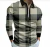 Nova camisa polo casual confortável de primavera e outono, com estampa 3D, manga longa, zíper, listrada, gola padre, camisa polo para atividades ao ar livre