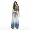 Jeans Americano Retro Lavado Flare com Design Bigode e Comprimento no Chão para Mulheres, Super Bem Proporcionado, Apresentando Padrão Yichun