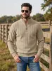 Blusa de malha waffle com listras verticais para homem, com zíper parcial e gola alta, manga longa, cor sólida, moletom casual estilo americano