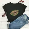Sitio Web Independiente de Comercio Exterior Europeo y Americano Camiseta Nueva de Verano para Mujer Estampado de Leopardo Labios y Trébol de Cuatro Hojas Camiseta de Manga Corta