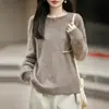 Novo suéter de tricô de lã de cashmere para outono e inverno feminino, pronto para usar, gola redonda, suéter de lã escovada de cor sólida de manga longa para mulheres