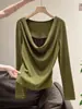 Camiseta Verde de Manga Longa Estilo Coreano Falsa Duas Peças para Mulheres Outono Início 2025 Novo Estilo Quente Design Super Bonito Top