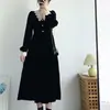 Vestido de Terciopelo Patchwork para Mujer Tallas Grandes de Otoño e Invierno, Estilo Retro Francés, Ceñido a la Cintura, Adelgazante, Corte A, Largo