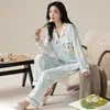 Conjunto de pijama de algodão puro com mangas compridas e calças compridas, novo estilo outono cardigã, conjunto de duas peças moderno de algodão para casa feminino