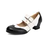 Sapatos Femininos Estilo Brogue Novo com Tiras Patchwork, Sapatos de Salto Baixo com Bico Aberto, Sapatos de Salto Médio Robusto, Tamanhos Grandes 40-50, Sapatos para Exportação