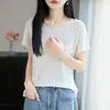 Camiseta de punto de manga corta con rayas bicolor y ribete de volantes de Lyocell, top ajustado de lino con mangas pequeñas acampanadas y diseño de encaje
