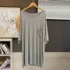Camisón de verano para mujer, cuello redondo, manga corta, holgado, longitud media, caída relajada, con bolsillo, transpirable