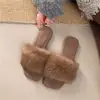 Chinelos Planos de Pelo de Coelho Genuíno Femininos para Exterior Outono Novo Estilo Super Bonitos de Alta Qualidade Fofos para Exterior de Algodão