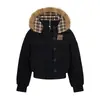 Chaqueta Corta de Algodón KESOAK Estilo Retro Cuadros Americanos con Capucha Desmontable y Cuello de Piel, Engrosada, Ajustada, Ropa de Abrigo Cálida para Mujer