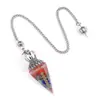 2122-Péndulo de Grava de Cristal Natural Colorida Bronce Plata Oro Resina Símbolo de Siete Chakras Péndulo Hexagonal Cónico