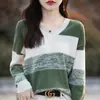 Moda Primavera y Otoño Transfronteriza Bloque de Color Cuello en V Algodón Puro Tejido Estilo Coreano Manga Larga Holgado Casual Suéter Top Elegante