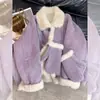 Lindo e Deslumbrante Casaco Curto de Lã de Cordeiro com Gola Reversível Roxa para Mulheres, Novo Estilo 2025, Top Soltinho Tendência para Este Ano