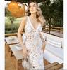 Deseo Vestido de playa nuevo 2023 para mujer europea y americana de Amazon tejido hueco cuello en V escotado a media pierna para mujer INS