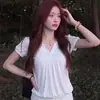Camiseta de Manga Corta con Hombros Descubiertos, Cuello en V, Fruncido, Estampado de Lunares y Patchwork, Estilo Coreano, 260g, Personalizable, para Mujer