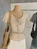 Wgwe8987 Guangzhou Shisanxing Camiseta de Verano Nueva para Mujer con Cordones Dulce de Manga Corta Cintura Fruncida Crop Top de Moda
