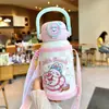 Nueva botella de agua térmica elegante y linda con temática de dibujos animados para niños, con un diseño de doble pajita para beber, perfecta para que los estudiantes la usen en la escuela o para actividades al aire libre