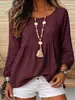 Camisa de muñeca estilo resort de comercio exterior con lino texturizado, cuello redondo, mangas largas con puños, dobladillo plisado y diseño holgado de jersey