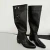 ¡No capta la forma de la pierna~!Botas de montar de punta fina con tacón grueso para mujer, botas para pierna de pantalón, remache, trabajo pesado, tubo recto, botas largas