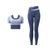 Conjunto de yoga duas cores para mulheres, calça de cintura alta, manga curta, secagem rápida, respirável, roupa esportiva para fitness