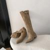 Botas de Inverno Femininas Estilo Preguiçoso Retrô Arredondadas Botas Altas Estilo Francês com Salto Grosso Camurça Versátil Cáqui Botas Longas