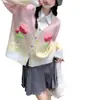 Cardigan de punto con flores tridimensionales y lazo, estilo coreano, otoño nuevo, holgado, perezoso, color de contraste, abrigo superior, suéter para mujer