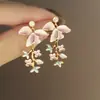 Brincos Novos de Flor Chinesa com Borla de Primavera Brincos Vintage de Pintura a Óleo Esmaltada Francesa Clipe de Orelha
