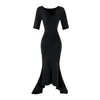 Venta al por mayor de Ropa de Mujer Transfronteriza, Nuevo Estilo de Moda de Verano, Cuello Oscilante, Manga Media, Vestido de Cola de Pez que se Ajusta a la Cadera, Estilo Europeo y Americano, Vestido de Color Sólido
