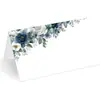 Tarjeta de sitio plegable floral azul tinta y blanco, etiqueta de nombre en blanco para escribir a mano para tarjetas de asiento de mesa de banquete de bodas
