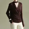 Top elegante estilo francês para mulheres, com gola halter, decote V, torcido na frente, manga longa, cintura marcada com pregas, caimento justo