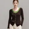 Elegante top de tricô de duas peças em cores contrastantes estilo francês para mulheres, outono, estilo retro americano, slim fit, blusa básica 9390