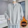 Moletom retrô estilo japonês com gola Henley, casual outono/inverno masculino oversized, caimento solto, versátil, cor sólida, pulôver estiloso