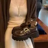 Versão em Couro de Mocassins Slip-On Estilo College com Fivela Quadrada, Salto Plataforma Grosso e Couro Genuíno para Mulheres