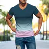 2026 Amazon Wish Comércio Exterior Verão Roupas Masculinas 3D Cor Gradiente Moda Estampa Camiseta Slim Fit Gola V Manga Curta
