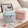 Bolsa de Maquillaje Portátil Personalizada Estilo Coreano Ins con Forma de Corazón para Viajes, Neceser Cilíndrico a Cuadros Bloque de Color Multifuncional