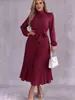 2026 Nuevo Vestido Plisado de Color Sólido Estilo Europeo y Americano Transfronterizo para Mujer de Manga Larga Cuello Alto Cintura Ceñida con Cinturón Falda Larga de Temperamento