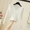 Suéter de Punto Acanalado Ajustado de Otoño/Invierno Nuevo para Mujer, Top Base de Punto Ajustado de Color Sólido con Mangas Largas