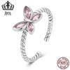 Evelle Moda Sterling Silver s925 Rosa Borboleta Torção Anel de Abertura Simples Zircon Retro Anel Jóias