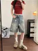 Shorts de Mezclilla Estilo Retro Americano Estampado de Estrellas Corte Holgado Adelgazante de Cintura Alta Pierna Recta Diseño Elegante de Cinco Puntas para Figuras Pequeñas
