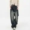 Jeans de Perna Larga Azul Escuro Estilo Retrô Americano High Street Feminino 2024 Novo Calça Mop Solta Calça Reta