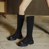 Botas Retro até o Joelho Femininas 2023 Novas de Camurça com Solado Grosso Alta Elasticidade Botas de Cavaleiro com Saia Salto Grosso Botas de Fumaça
