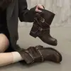 Botas Femininas de Salto Alto com Fivela de Metal Estilo Europeu Cavaleiro Outono/Inverno Estilo Europeu e Americano Estilo Desgastado Couro Macio