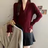 Suéter de punto ajustado de manga larga con cuello en V cruzado y fruncido en la cintura, estilo francés, nuevo para otoño, para mujer talla grande