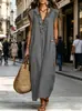 2026 Amazon Verano Nuevo Sin Mangas Algodón Lino Mujer Casual Holgado Volantes Elegante Vestido Largo Exportación Excedente