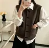 Chaleco de Punto con Cuello Redondo y Botones de Cuerno con Borde Rizado para Mujer, Nuevo Otoño Holgado con Capas Chaleco de Punto Grueso