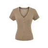 Blusa de crochê vazada com decote V estilo coreano para mulheres, estilo de luxo leve elegante de verão, camiseta casual solta de manga curta, blusa de seda gelada
