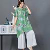 2025 Primavera e Verão Novo Algodão e Linho Estampado Literário Feminino Solto Terno Calça Branca Roupa Estilo Étnico para Viagem