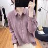 Camisa de manga larga con cuello de encaje y costuras para mujer, blusa holgada retro con base plisada para primavera y otoño